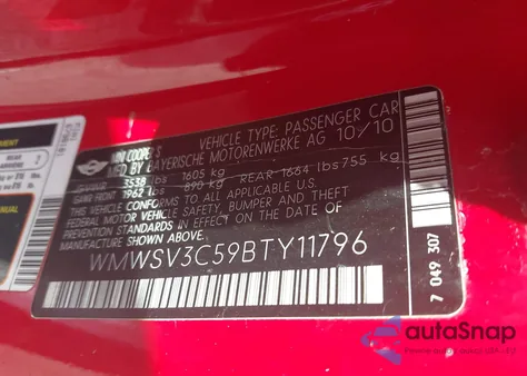 2011 Mini Cooper S from USA, damaged, VIN WMWSV3C59BTY11796